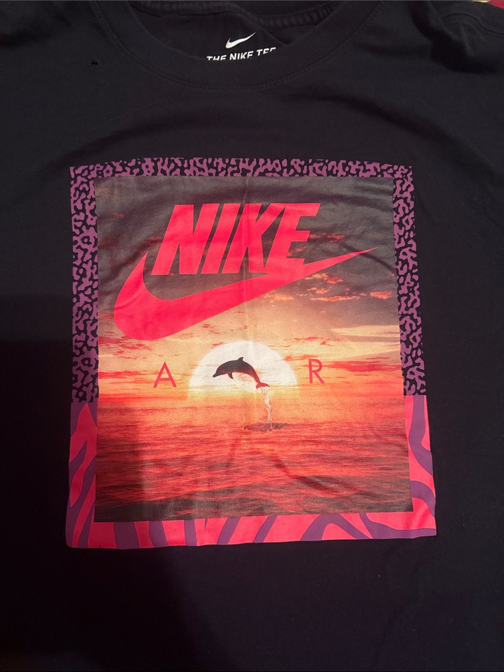 Nike Black Tee with Pink and Purple Sunset Dolphin Graphic